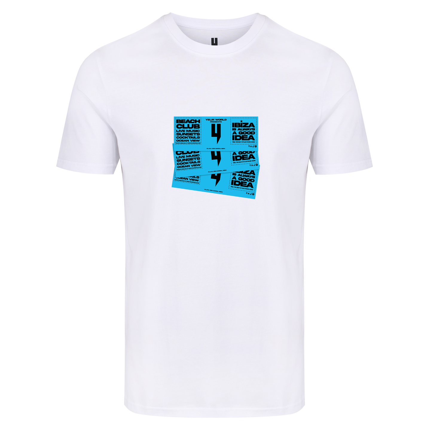 WHITE TEE BLUE IBIZA TICKET LOGO