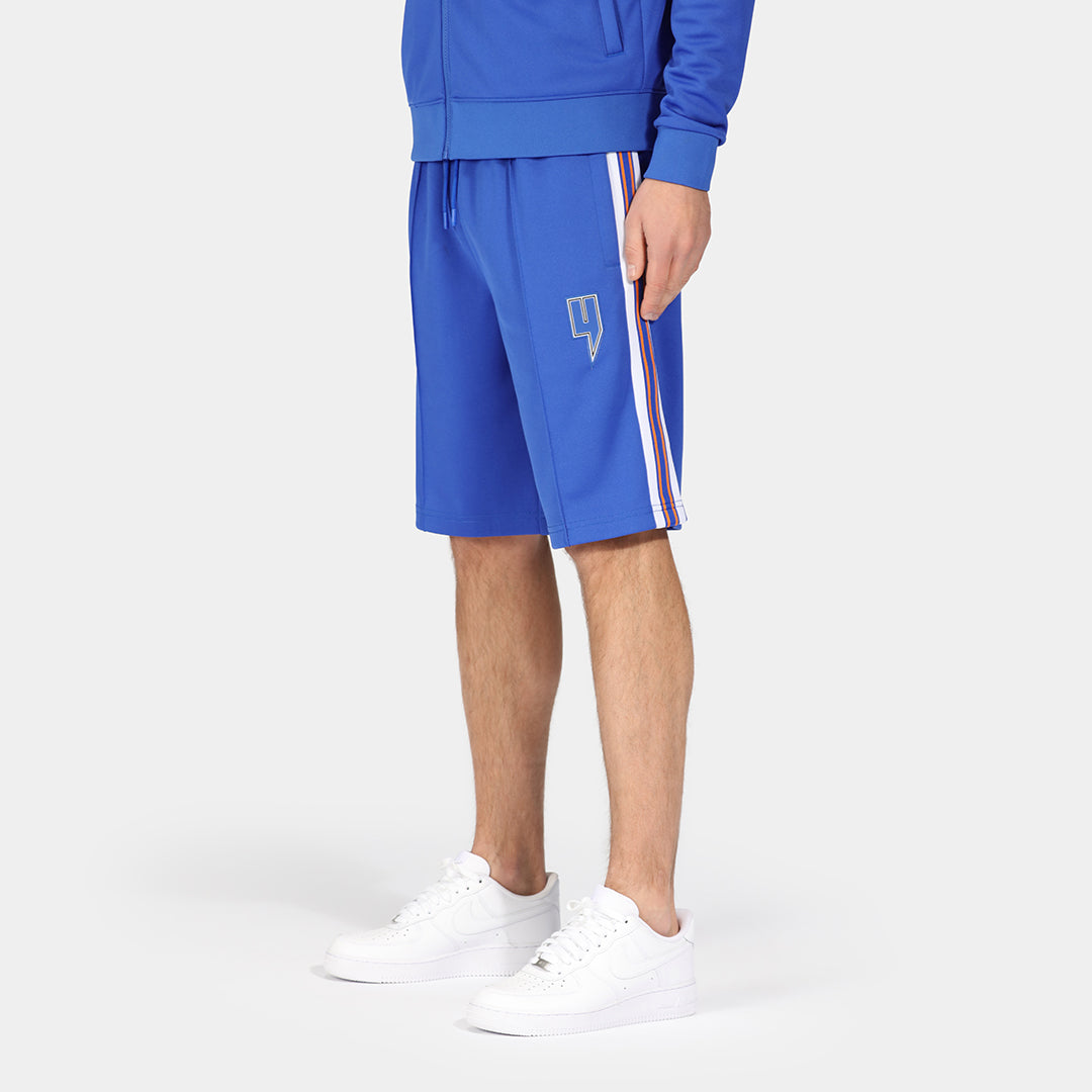 BLUE TRACK SHORTS ORANGE SIDE STRIPE