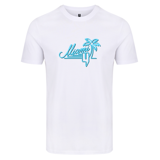 WHITE TEE NEON BLUE MIAMI LOGO