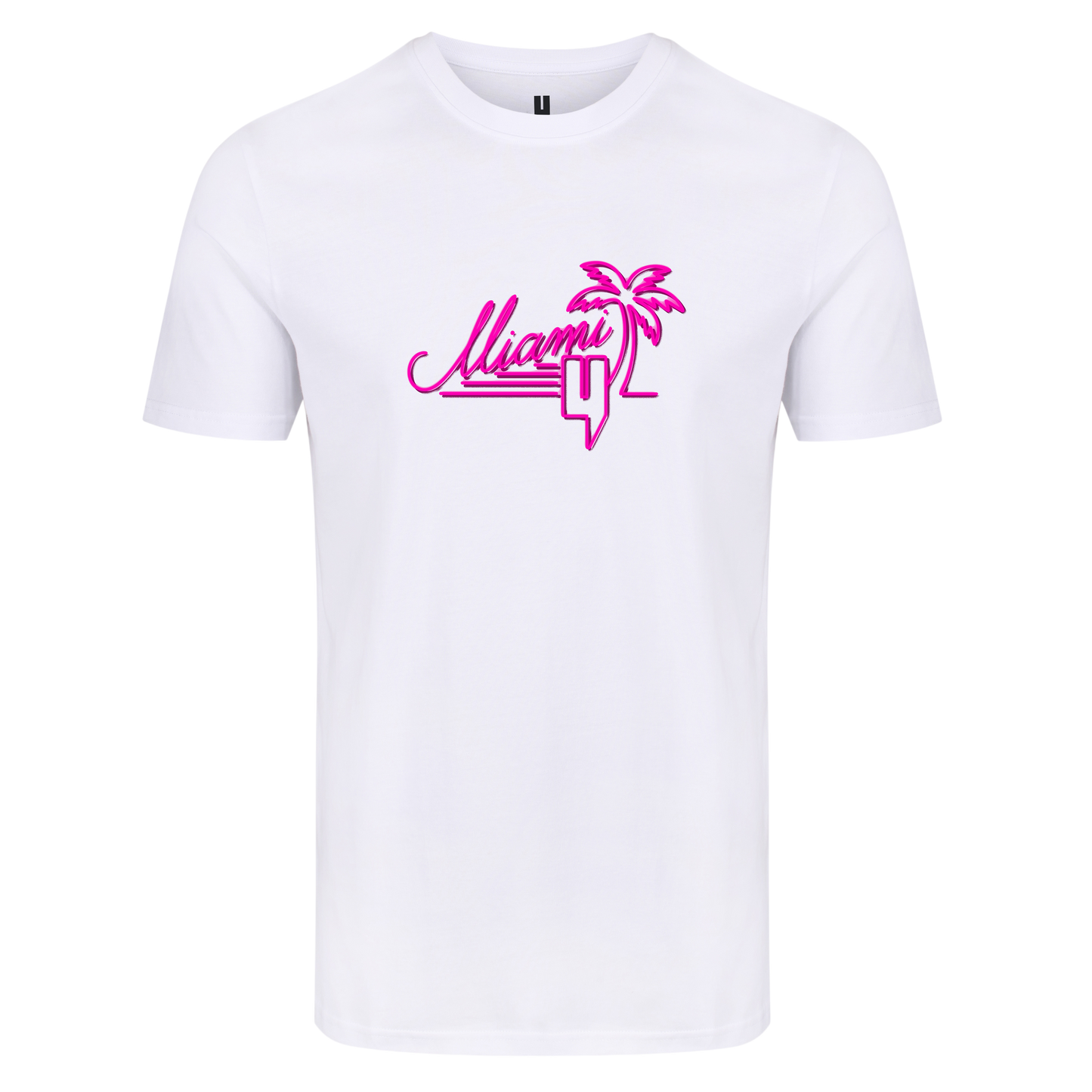 WHITE TEE NEON PINK MIAMI LOGO