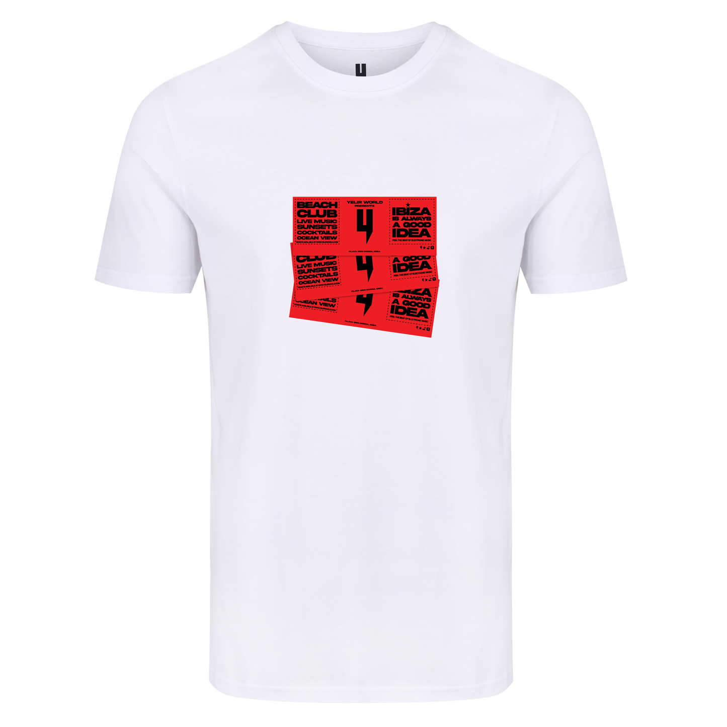 WHITE TEE RED IBIZA TICKET LOGO