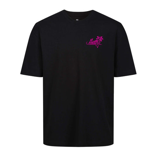 BLACK RELAXED FIT TEE NEON PINK MIAMI LOGO
