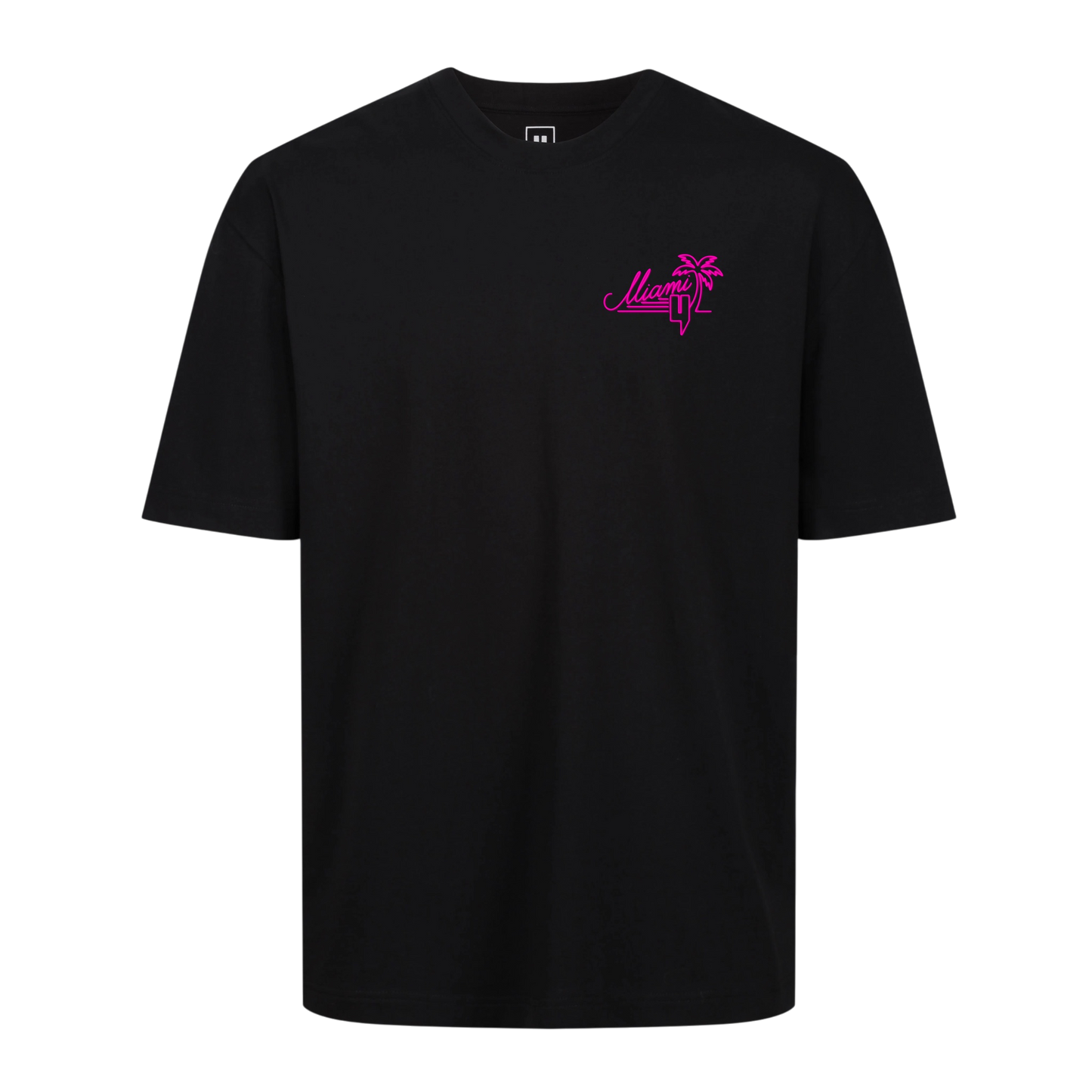 BLACK RELAXED FIT TEE NEON PINK MIAMI LOGO