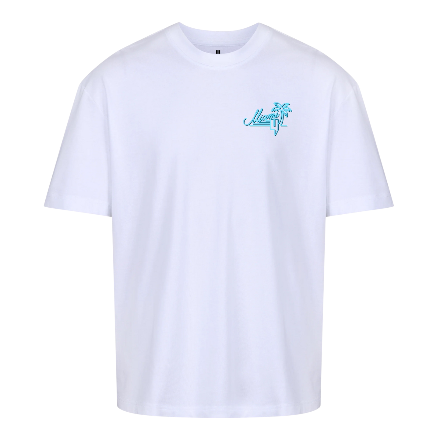 WHITE RELAXED FIT TEE NEON BLUE MIAMI LOGO