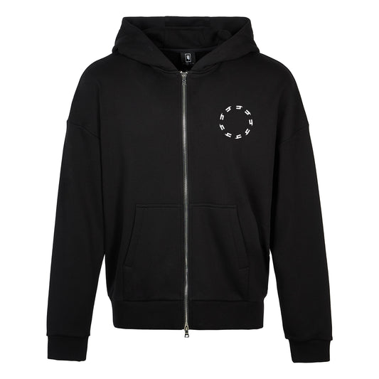 BLACK ZIP RELAXED FIT HOODY WHITE CIRCLE LOGO