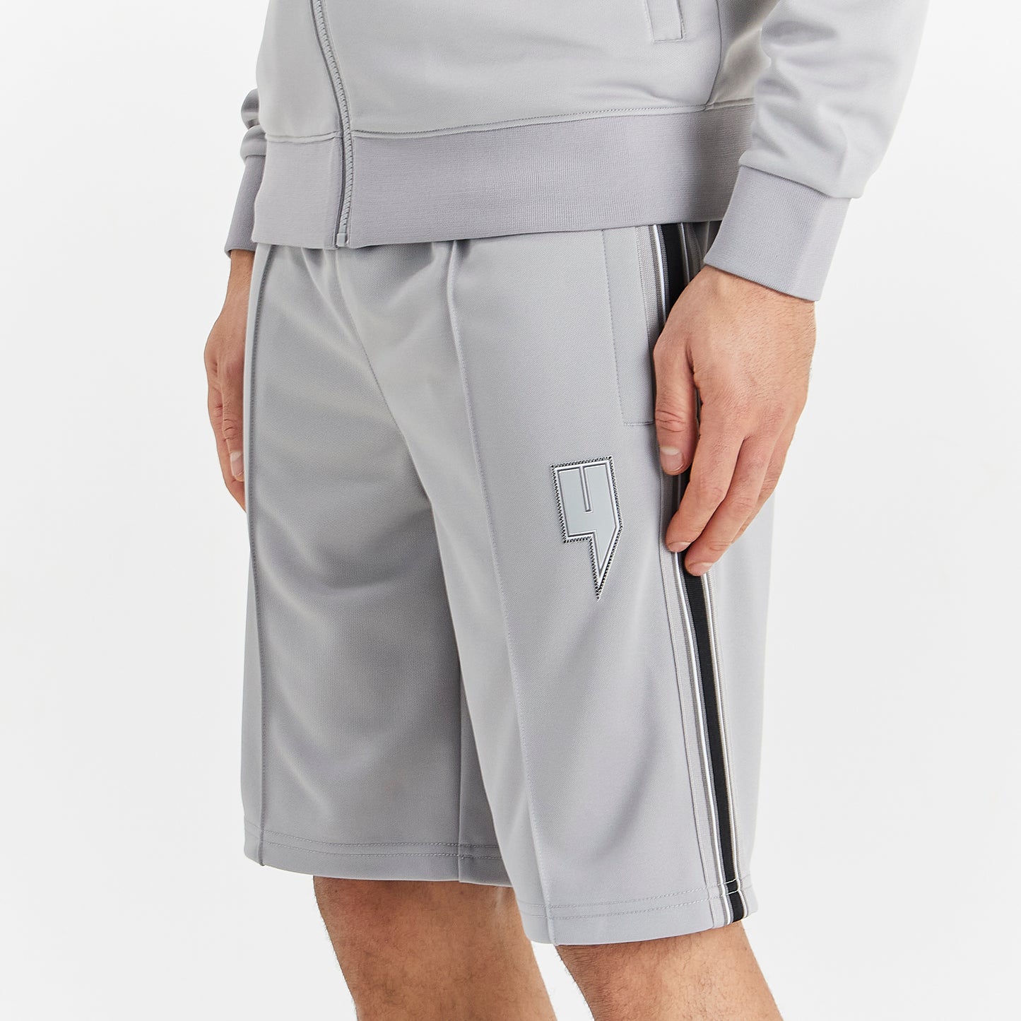 GREY TRACK SHORTS BLACK SIDE STRIPE
