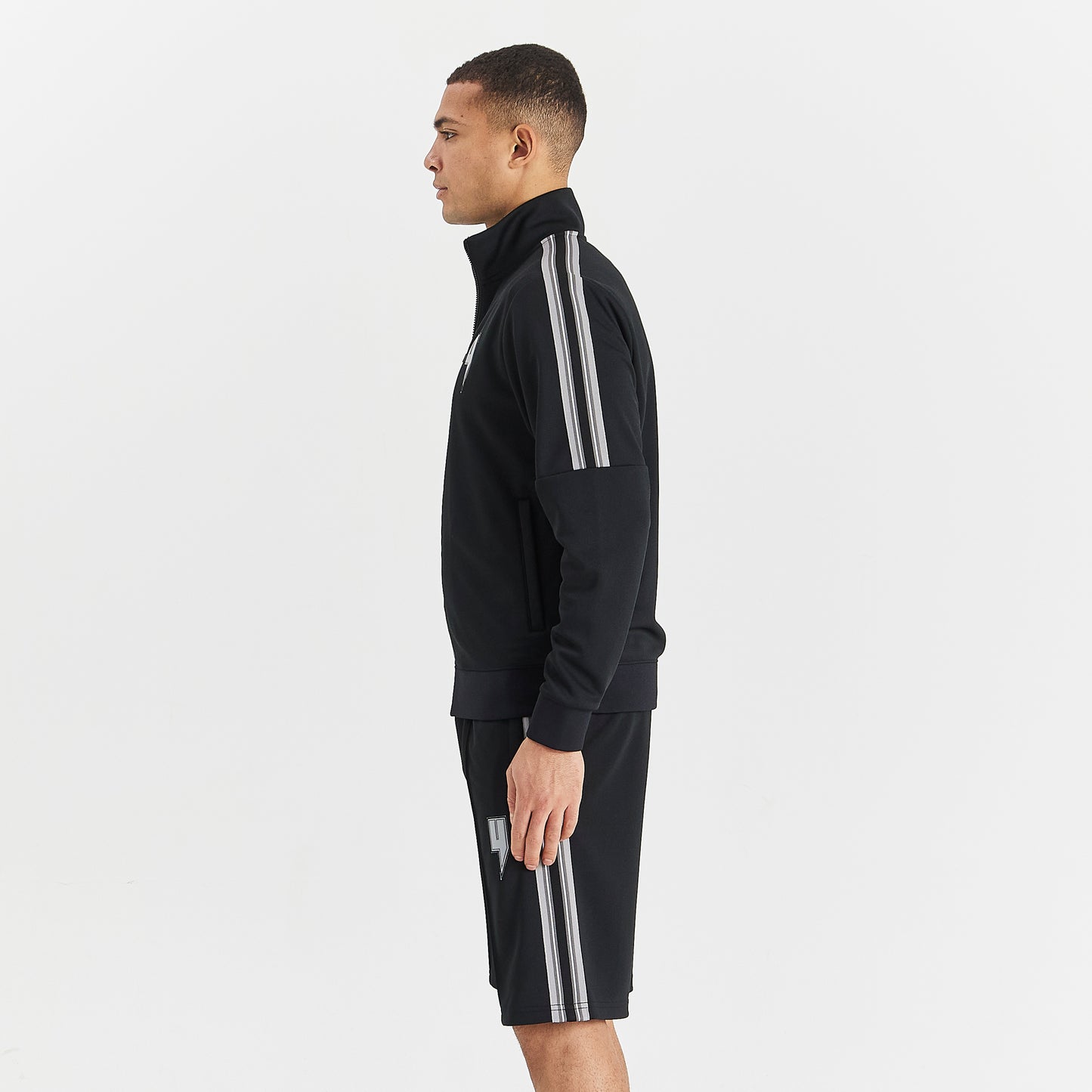 BLACK TRACK SHORTS GREY SIDE STRIPE